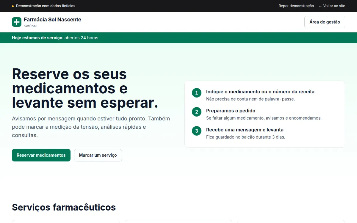 Captura da demonstração da Farmácia Sol Nascente, com reserva de medicamentos e serviços farmacêuticos