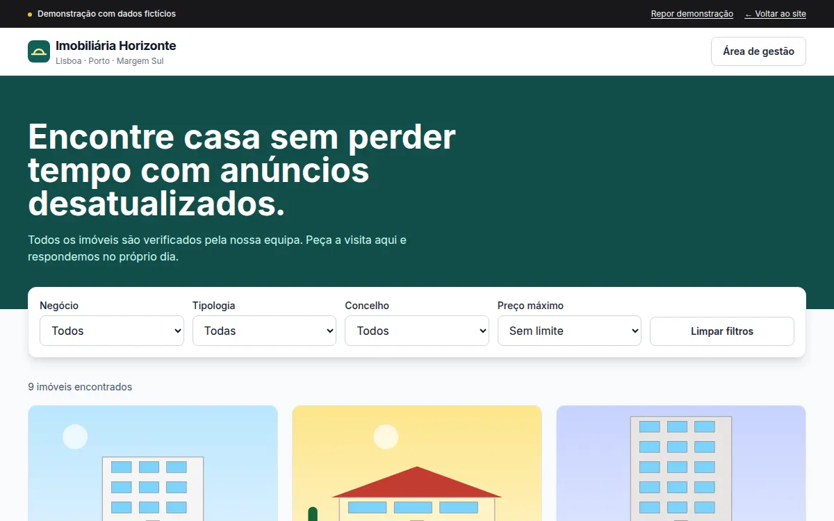 Captura da pesquisa de imóveis da Imobiliária Horizonte, com filtros e cartões de imóveis ilustrados