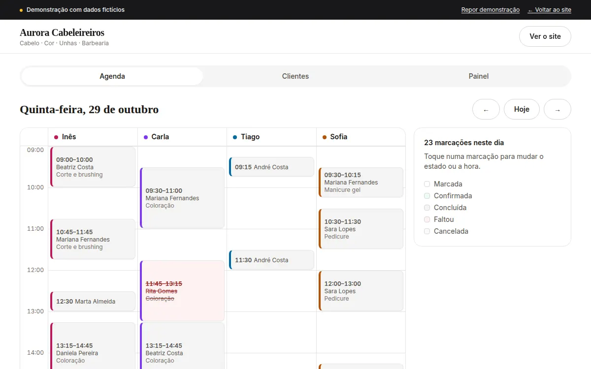 Captura da agenda do Aurora Cabeleireiros, com as marcações do dia por profissional