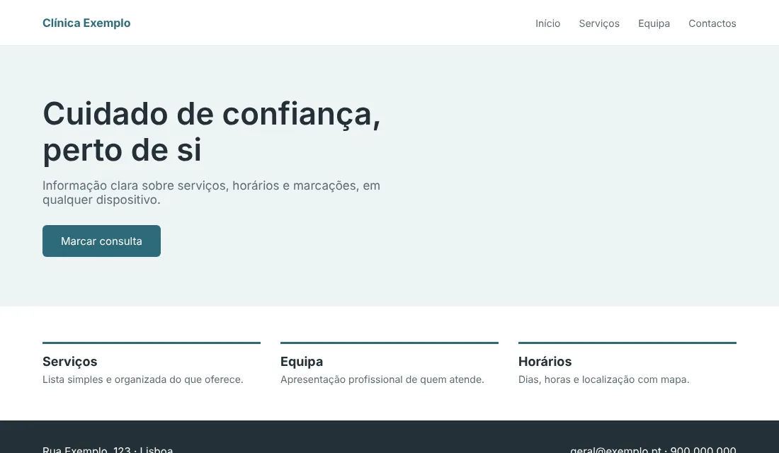 Captura do exemplo de website de uma clínica, com botão para marcar consulta