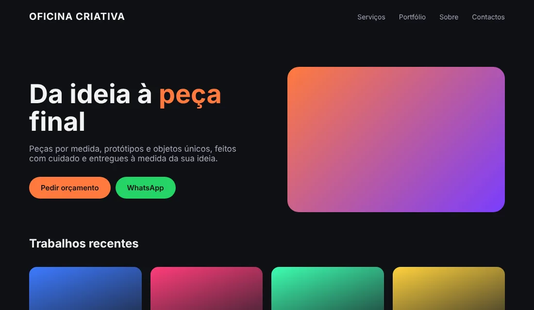 Captura do exemplo de website de um negócio criativo, com tema escuro e botões de orçamento e WhatsApp