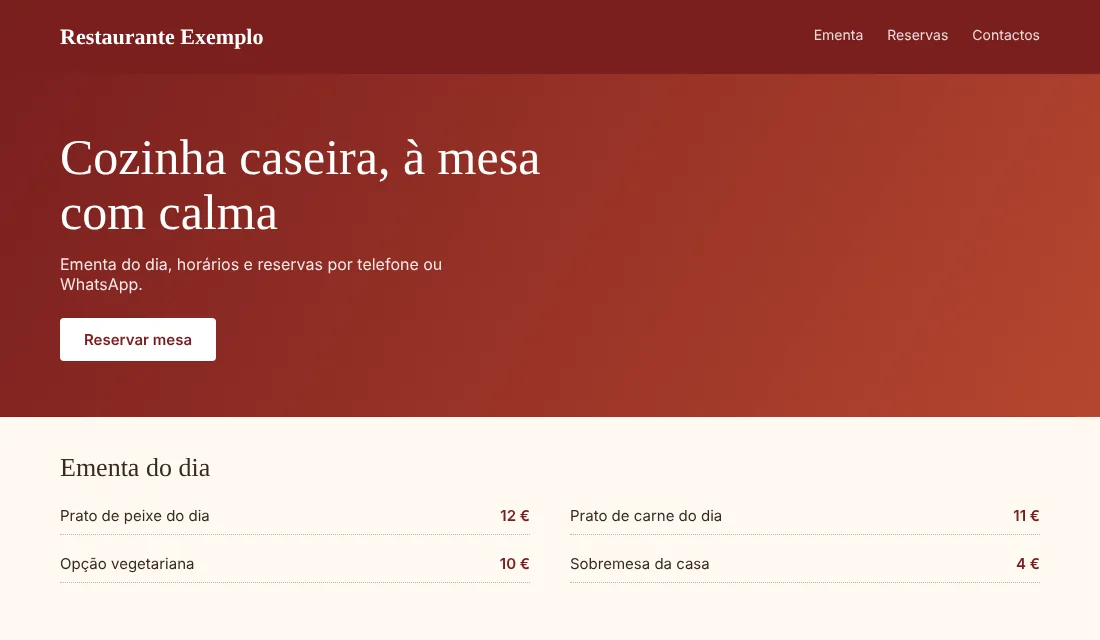 Captura do exemplo de website de um restaurante, com ementa do dia e botão para reservar mesa