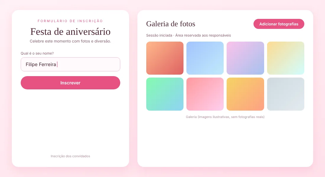 Ilustração de um formulário de inscrição e de uma galeria com imagens ilustrativas, sem fotografias reais