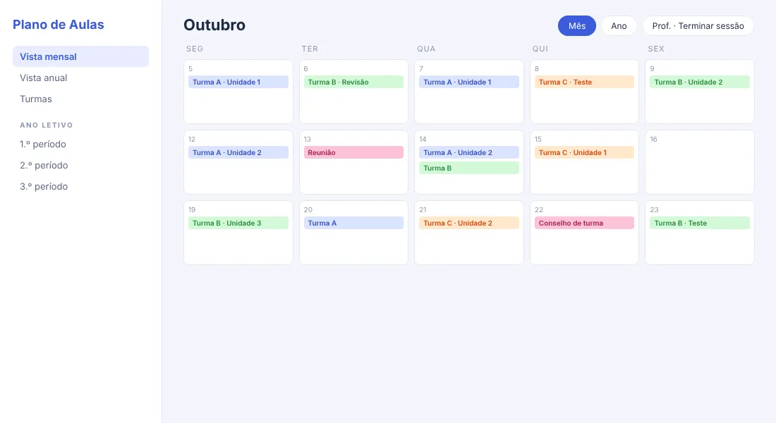 Ilustração de um calendário mensal com aulas por turma e datas de testes